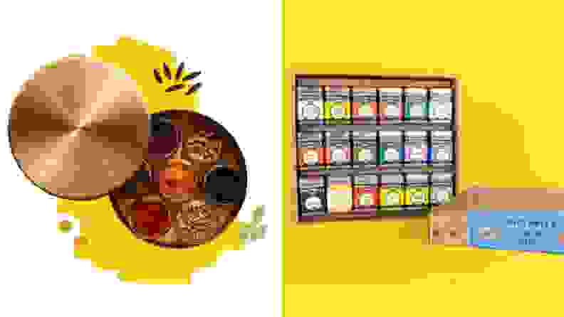 On left, a round metal tin with the lid removed, revealing 7 circular bowls of spices. On right, an open box of Spicewalla spice blends on a yellow background.