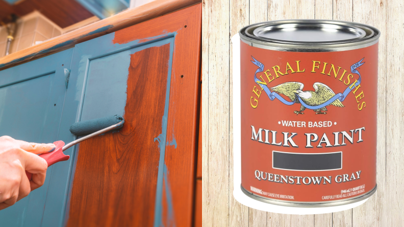 Left: a person applying paint with a roller to a cabinet; Right: a can of General Finishes Milk Paint on wood background