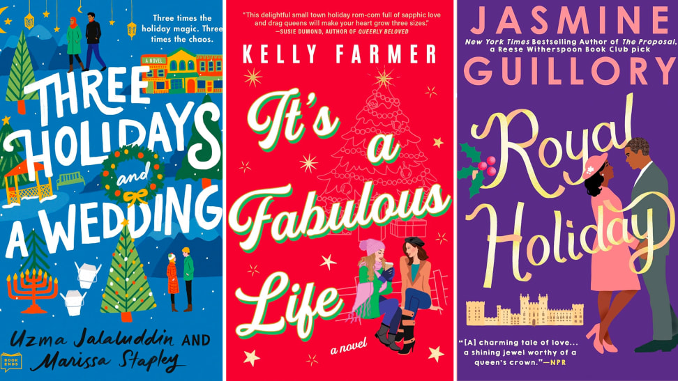 Three Christmas book covers: 'Three Holidays and a Wedding,' 'It's a Fabulous Life,' and 'Royal Holiday.'