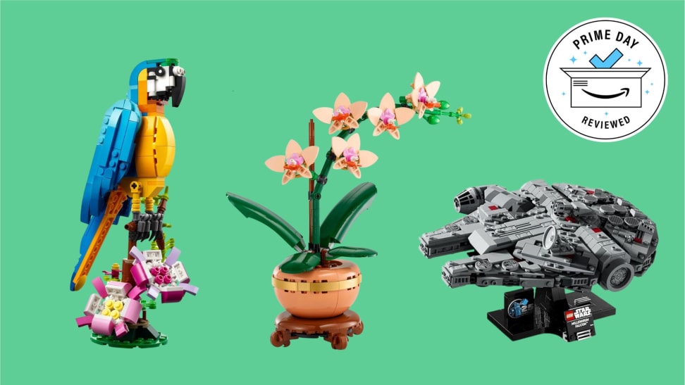 Three different LEGO playsets on a green background