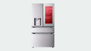 An LG 4-door French door refrigerator with a red screen