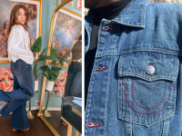 A woman wearing a pair of wide leg jeans standing in front of a mirror with her leg bent, and a close-up shot of a men’s denim jacket front pocket.