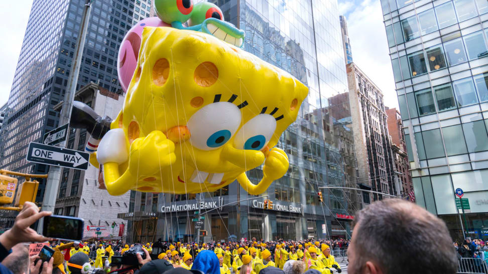 Spongebob Squarepants balloon floating during the 2019 Macy's Thanksgiving Day Parade