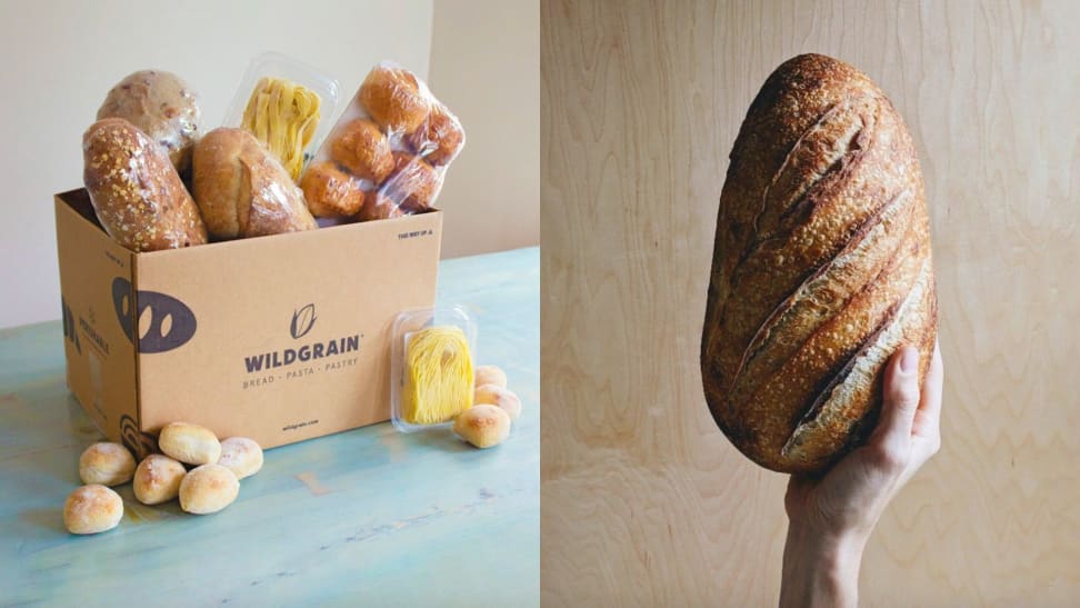 On left, Wildgrain box overflowing with bakery products. On right, hand holding fresh sourdough loaf.