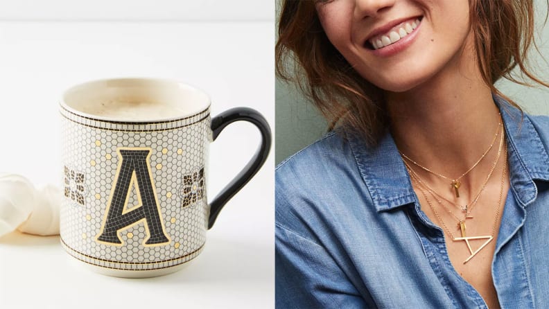 A monogrammed coffee mug and woman wearing a monogrammed necklace at Anthropologie.