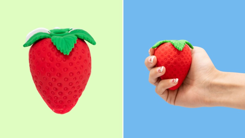 Photo collage of a the Strawberry Emojibator by itself and a hand holding the Strawberry Emojibator.