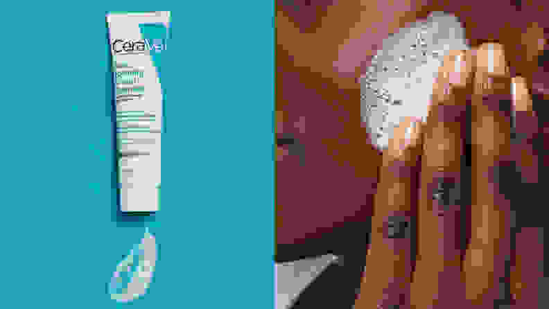 On the left: A white and teal squeeze tube in front of a teal background with a swatch of lotion beneath it. On the right: A closeup on a person's cheek as they massage a white cream into it.