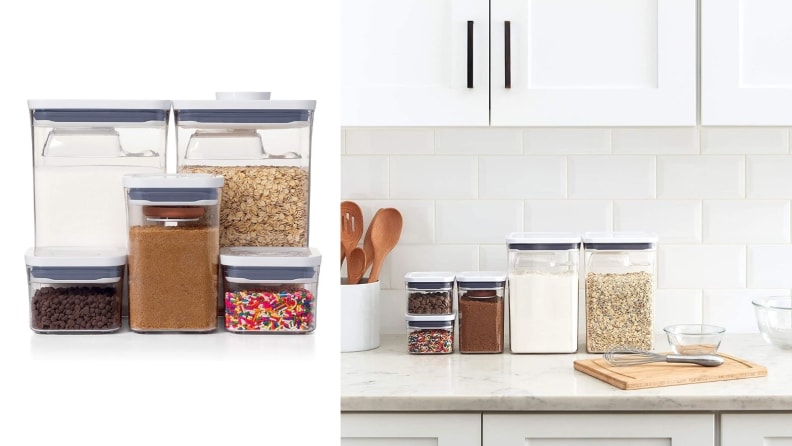 Food Organization Containers with grains and flours inside on counter.