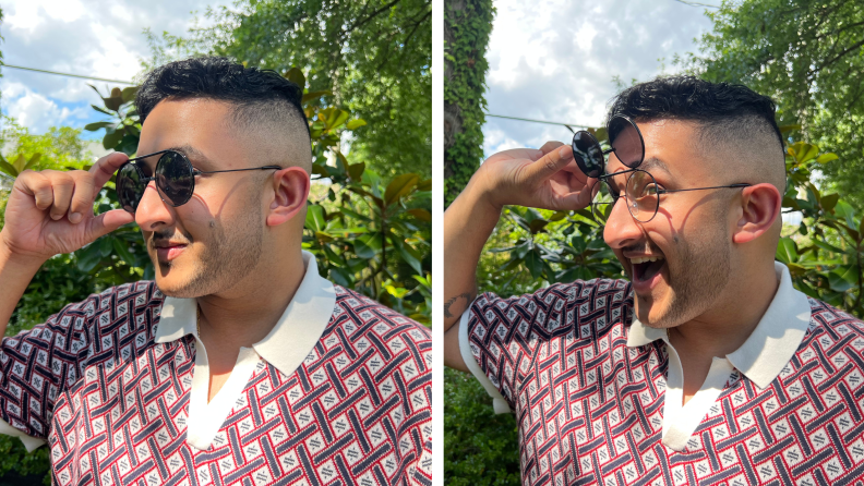Before and after shot of the author wearing sunglasses with flip-up lenses.