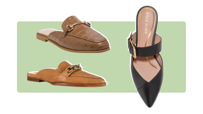 Three pairs of flat, leather mules.