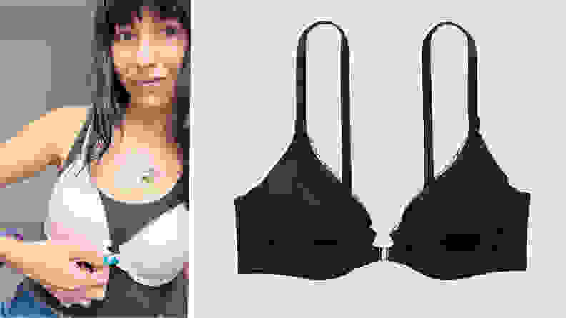 Photo collage of person wearing a pink VS Adaptive Lightly Lined Full Coverage Front-Close bra over tank top and a black adaptable bra.