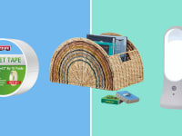 The Crate&kids basket is next to The Container Store LED light, and YYXLIFE carpet tape on a blue and green background.