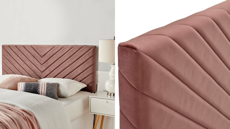 On left,  pink Colvard upholstered panel headboard from Wayfair behind bed. On left, close up shot of pink Colvard upholstered panel headboard from Wayfair.