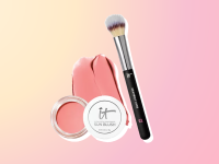 IT Cosmetics Sun Blush and brush against a pink and orange background.