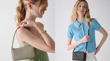 Two women modeling Kate Spade handbags, including a shoulder bag and crossbody, styled with casual outfits.