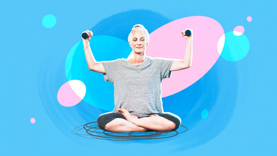 A woman sitting using lightweight dumbbells.