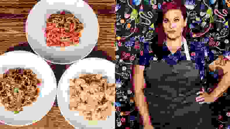 Left: Three plates of handmade fresh pasta with various sauces. Right: A portrait of chef and restaurant owner Karen Akunowicz.