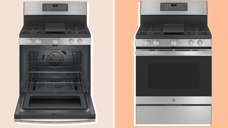 Two images of the GE gas range, one with door open, next to each other on an orange background