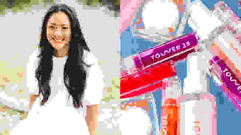 Left: Asian female founder of Tower 28, right: Tower28 cosmetics on mirror table