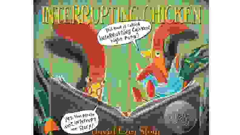 Interrupting Chicken book cover with an illustration of two chickens reading a book