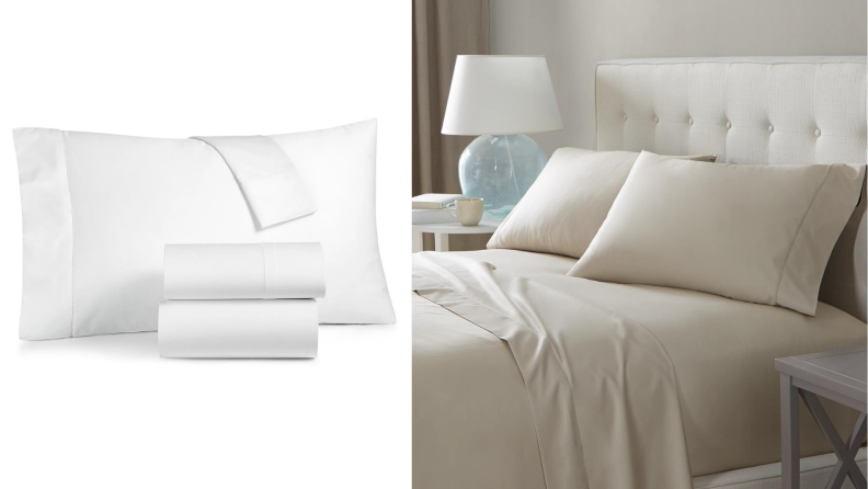 On the left, a set of white sheets. On the right, a beige sheet set made on a bed.