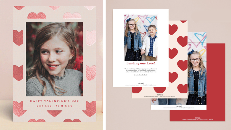 Two images offer several examples of customizable Valentine's Day cards. The largest features a photo of a child. It reads, "Happy Valentines Day. With love, the Millers."