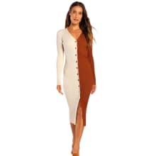 Product image of Charming Combo Cream and Brown Ribbed Button-Up Front Sweater Dress