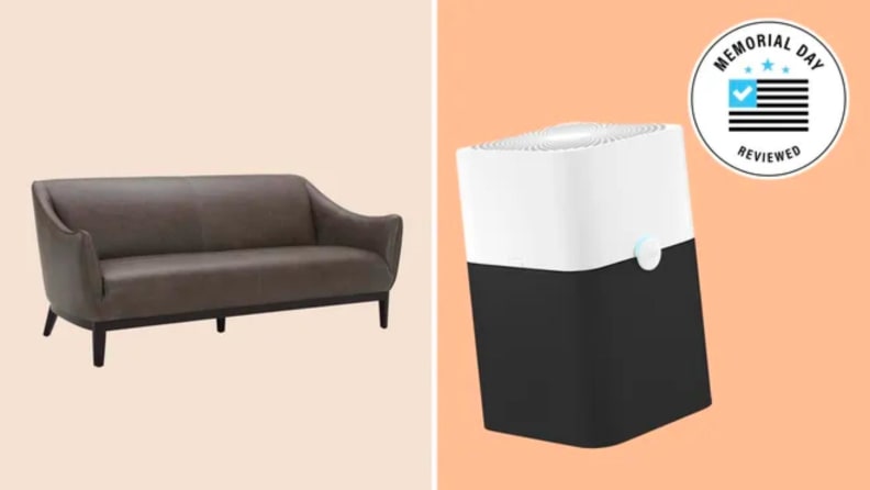 A collage showing a brown leather sofa next to an air purifier.