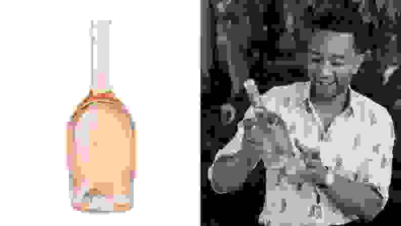 Left: A bottle of rosé wine is displayed against a white backdrop. Right: Singer-songwriter John Legend is photographed holding a bottle of the rosé.