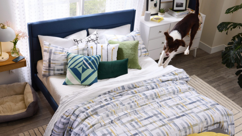 A bed made with several pillows against a blue headboard and a striped comforter.