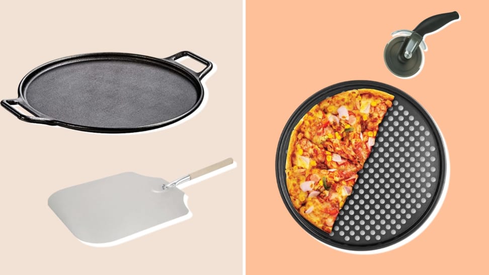 Various pizza gadgets on a beige background