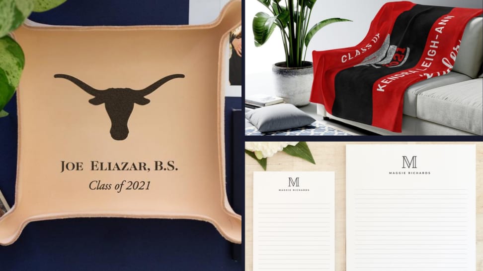 A custom leather tray with college seal next to a blanket on a chair and personalized stationery