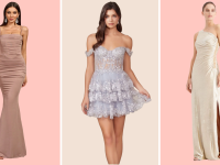 Collage of photos of three women wearing prom dresses at Shein, Unique Vintage, and Calvin Klein.