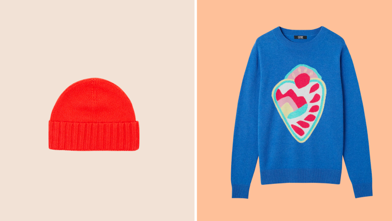 An orange cashmere beanie and a sweater with a colorful pattern on the front.