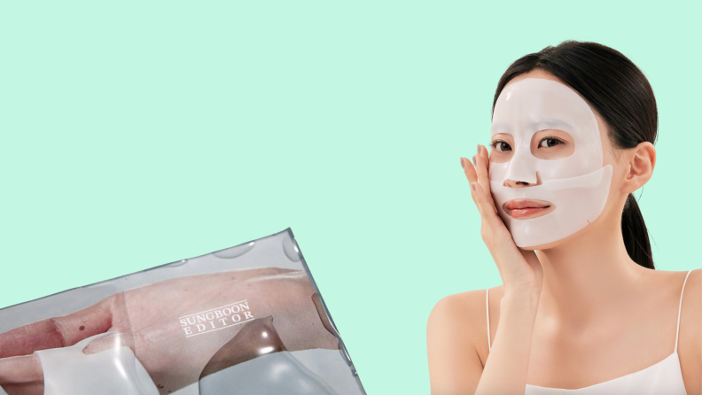 A collage of a person wearing the mask next to the mask's retail packaging.