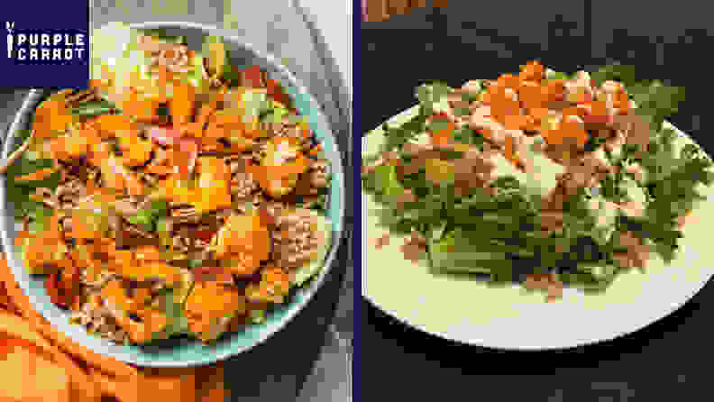 Left: A professional top-down photo of a grain bowl topped with veggies, all in a light blue bowl with an orange napkin underneath. Right: A photo taken in someone's home of the same grain bowl served on top of a large bed of lettuce and a white plate.