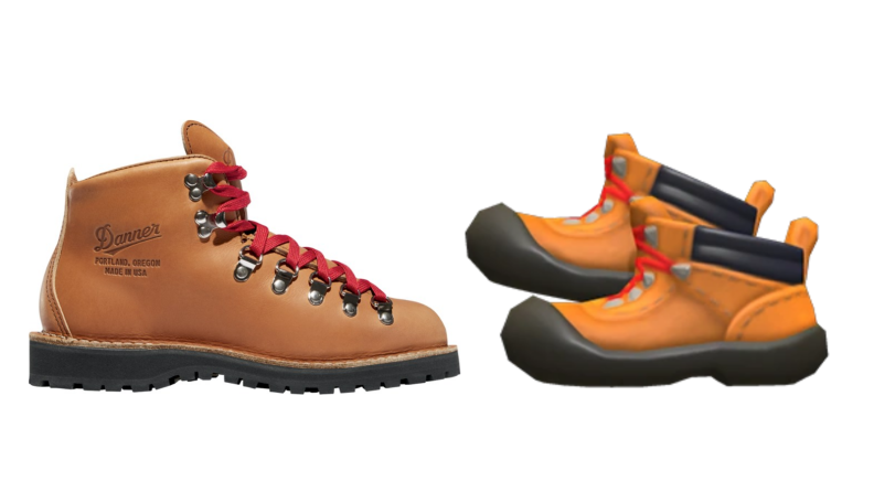 A pair of hiking boots and a similar pair in Animal Crossing.