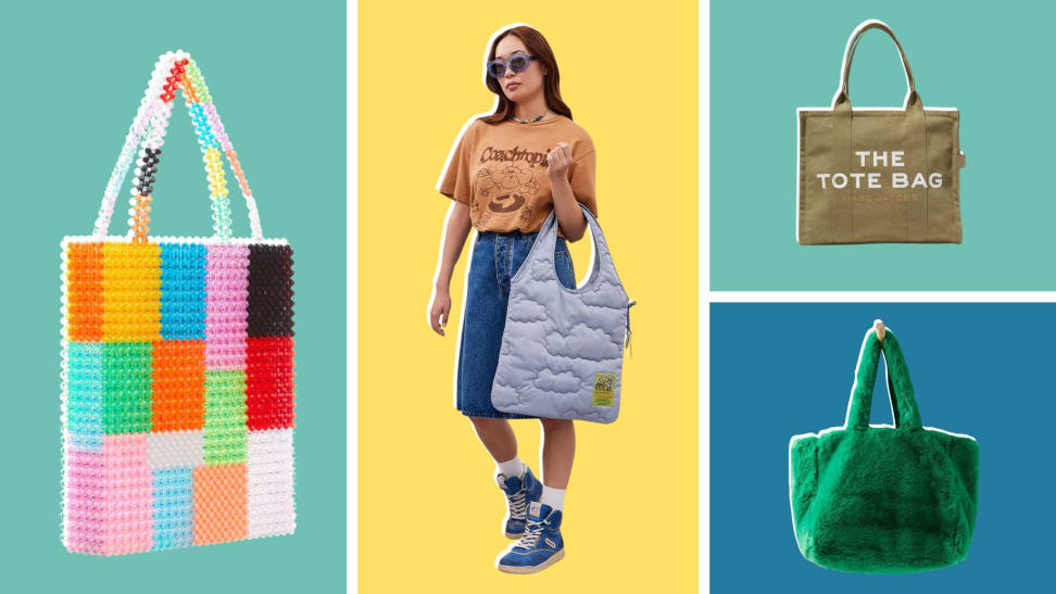 A colorful beaded bag, a model holding a quilted light blue bag, a beige tote that is printed with text that reads “The Tote Bag,” and a furry green bag.