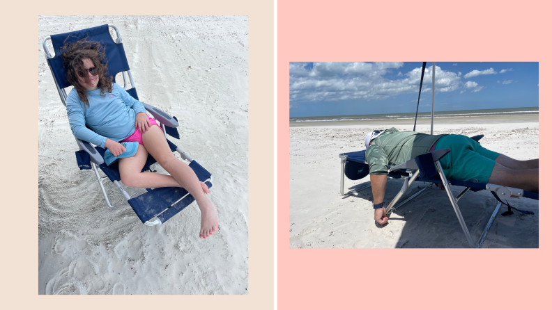 A side by side photo of a 10 year old sitting in the chair with the foot rest up and another photo showing a man lying on his stomach in the chair