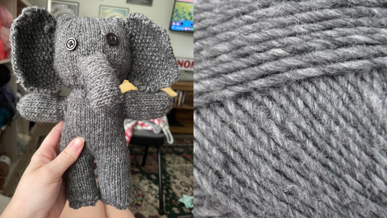 Knitted elephant next to a shot of gray yarn