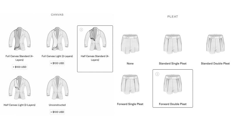 A screenshot of Suitsupply's Custom Made offerings.
