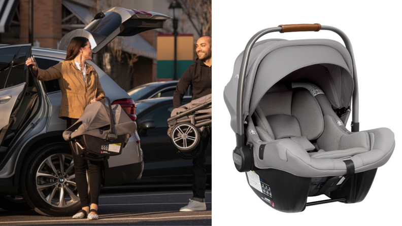 On left, person smiling while removing car seat from car. On right, gray car seat on white background.