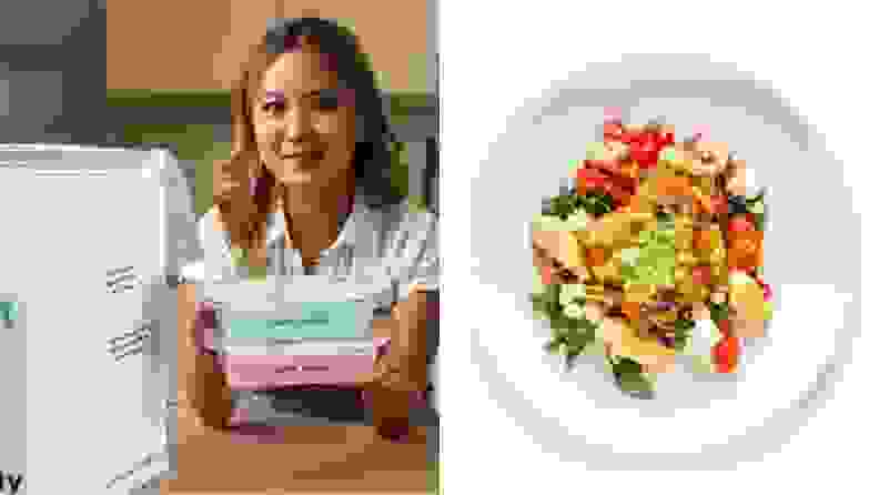 A person holding CookUnity packages and a plate of colorful food.