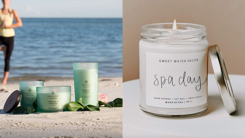 On left, candle set being displayed on beach with someone doing yoga in the distance. On right, cream colored candle.