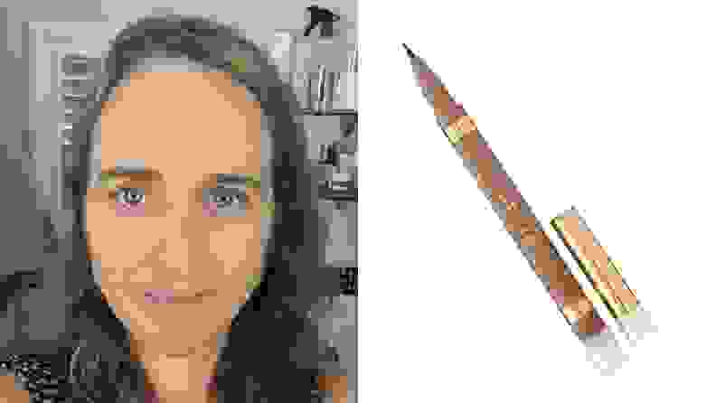 A woman with one eyebrow shaded in using Stila's eyebrow pen, also shown