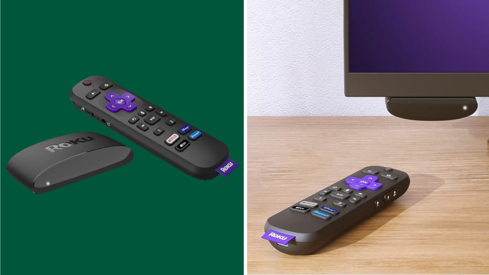 A collage with the Roku Express 4K remote on a colorful background and next to a TV.