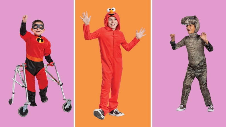 On left, small child using walker while wearing Incredibles costume. In middle, small child smiling while wearing Elmo costume. On right, small child wearing T-rex dinosaur costume.