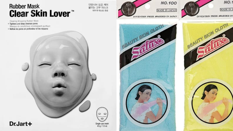 Three self-care face masks and washcloths.