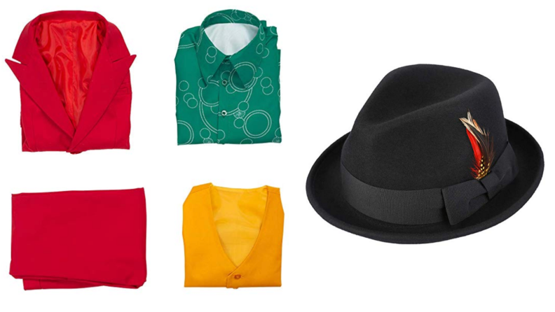 Red pants, green shirt, yellow vest, and black fedora