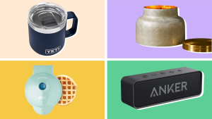 Dash Mini waffle maker, Yeti mug, Capri Blue candle, and Anker portable speaker